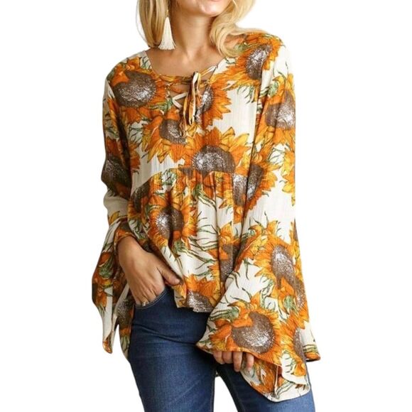 Umgee Sunflower Print Bell Sleeve Blouse - Picture 1 of 6